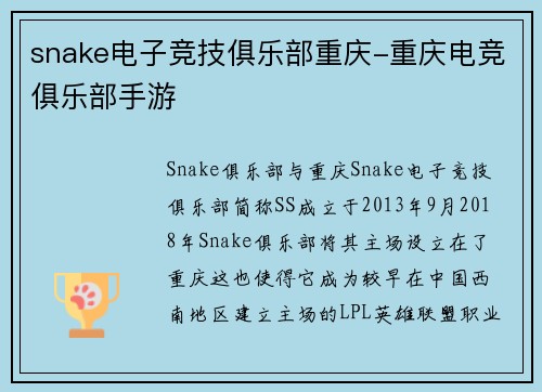 snake电子竞技俱乐部重庆-重庆电竞俱乐部手游